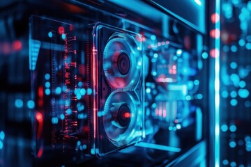 Futuristic close-up of computer hardware illuminated by colorful lights