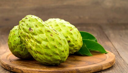 Obraz premium Three green fruits with bumpy skin rest on a wooden board next to some leaves