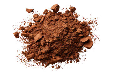 Close-up view of a pile of dark brown cocoa powder, with scattered, irregular pieces
