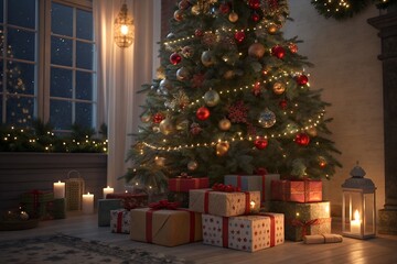 Beautiful Christmas tree glowing with lights and presents creating a cozy holiday atmosphere at home PNG