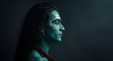 Calm Young Man with Teal Body Paint and Profile Against Dark Background