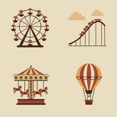 Fun fair with rides wheel, coaster, carousel, balloon on a beige canvas