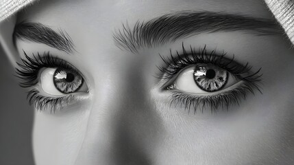 Obraz premium Closeup Portrait of a Woman's Eyes with Dramatic Makeup in Black and White Photography