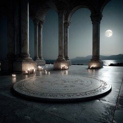 Fototapeta premium A grand, ancient stone structure, bathed in moonlight, features a circular stone slab etched with mystic symbols, surrounded by lit candles.