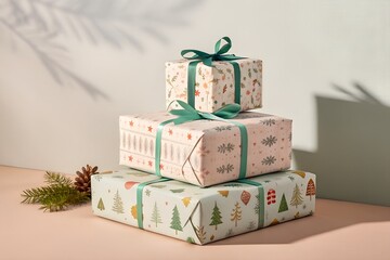 Stylish stacked Christmas gifts with green ribbons bring holiday cheer for festive celebrations now PNG