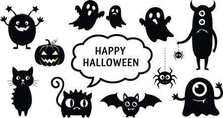 Obraz premium Halloween vector silhouettes spooky monsters ghosts and pumpkin