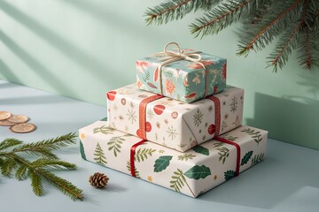 Delightful stack of wrapped Christmas presents ready for the holidays and festive celebrations PNG
