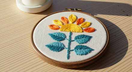 Colorful embroidered floral design on sunlit wooden surface