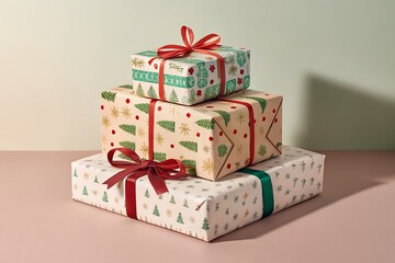 Elegant stack of Christmas presents wrapped with festive paper and tied with beautiful ribbons PNG