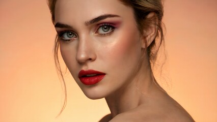 Glamorous woman with elegant makeup and red lipstick