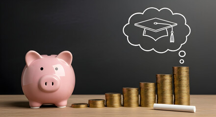 Pink piggy bank with stacked gold coins increasing in height and a chalk drawing of a graduation cap inside a thought bubble on a blackboard background