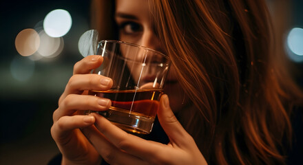 Woman enjoying a glass of whiskey at night city lights bokeh background nightlife alcohol drink beverage spirits