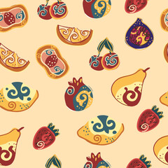 Seamless Fruit Pattern with Ethnic Motifs &ndash; Decorative Folk Style on Beige Background