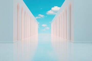 Fototapeta premium Endless corridor leads to serene sky, reflecting tranquil atmosp