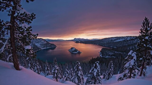 Dusk Scene Overlooking the Famous Emerald Cove at Lake Tahoe During the Colder Season Cold