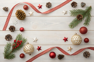 Festive holiday scene with vibrant Christmas ornaments, pinecones, and ribbon for joyful season greetings PNG