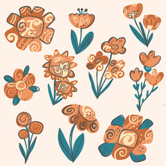 Decorative Flowers in Folk Style &ndash; Hand Drawn Floral Set in Earthy Colors