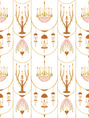 Candlesticks and chandeliers with burning candles festive seamless pattern