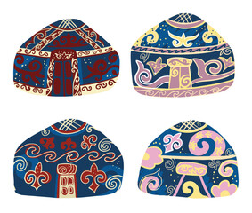 Decorative Yurts with Ethnic Patterns &ndash; Hand Drawn Traditional Houses Set