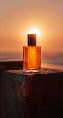 Amber perfume bottle at sunset.  A golden amber perfume bottle sits atop textured wooden blocks against a backdrop of vibrant orange sunset over water