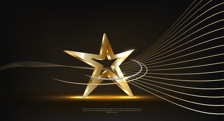 Golden star on black background with lighting effect and sparkle. Luxury template celebration award design. Vector illustration