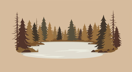 Brown serene lake view with tall, thin conifers on tan background