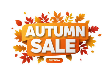 An autumn sale banner with colorful leaves and a buy now button isolated on transparent background