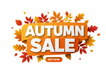 An autumn sale banner with colorful leaves and a buy now button isolated on transparent background