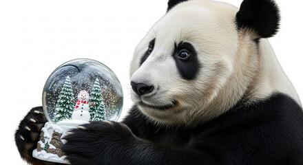 Naklejka premium Giant panda holding a snow globe with a winter scene and a snowman inside, on a white background, looking curiously at the object.
