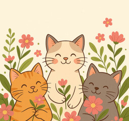 Three cute cartoon cats surrounded by flowers and green plants.  