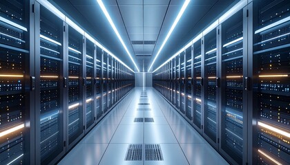 Fototapeta premium Cinematic bird’s-eye 3D view of futuristic data center hall, symmetrical glowing server racks with neon lights, drone-like dramatic perspective and modern design.