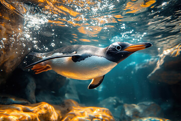 penguin swimming underwater among rocks.  