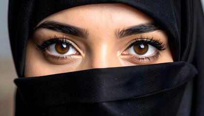 portrait of a young arab woman in a black veil close up eyes