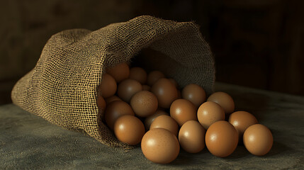 A burlap sack tipped over spilling brown eggs onto a textured surface