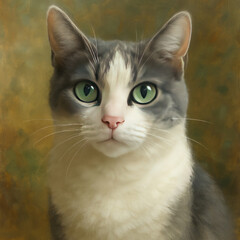 portrait of a grey and white cat with expressive green eyes. The cat sits against a soft, blurred golden-green background,  