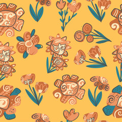 Seamless Floral Pattern in Folk Style &ndash; Hand Drawn Flowers on Yellow Background