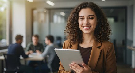 Confident young businesswoman using tablet in modern office smiling happy success startup team collaboration technology digital innovation entrepreneur