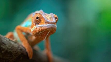 Fototapeta premium Bright orange frog perched on branch, showcasing intricate textu