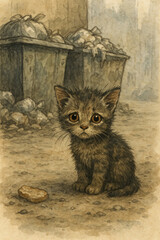 Watercolor illustration of a small homeless kitten sitting near overflowing garbage bins on a dirty street.  