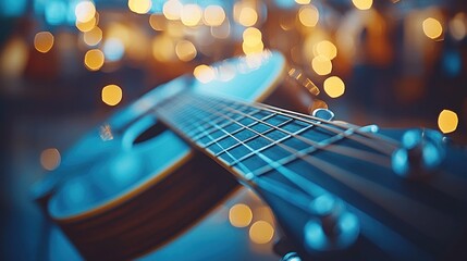 Acoustic guitar close-up with bokeh lights in background, strings in focus