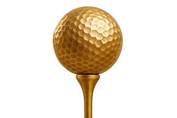 Golden golf ball perched on tee, gleaming against clean background, representing precision and anticipation of initial golf shot