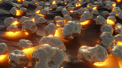 Fototapeta premium A burning candle's abstract flame reflects on wet black stones and a river