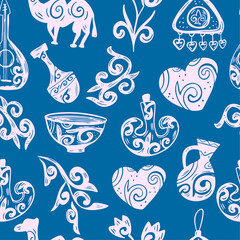 Kazakh Ethnic Symbols &ndash; Seamless Pattern on Blue Background