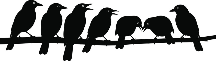 Fototapeta premium Black bird silhouettes on a wire perched birds graphic design