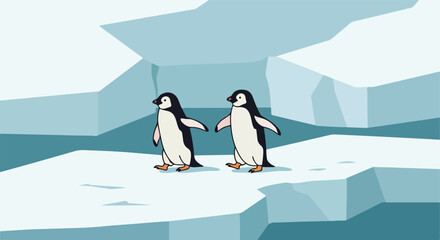Obraz premium Two cartoon penguins walking on an ice floe, winter scene
