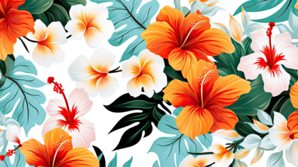 Tropical pattern with various flowers exotic floral seamless design illustration on white background