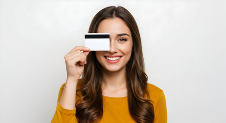 Fototapeta premium Smiling woman holding credit card covering one eye happy customer online shopping secure payment banking finance money transaction e commerce retail