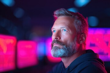 Focused individual in dark environment illuminated by vibrant pi