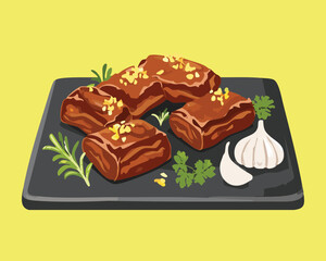 A delectable plate of three rich chocolate brownies with nuts and garlic - Vector Illustration

