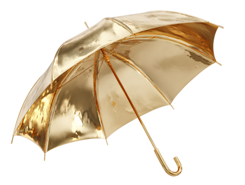 Open Gold Umbrella golden metallic isolated on a transparent background